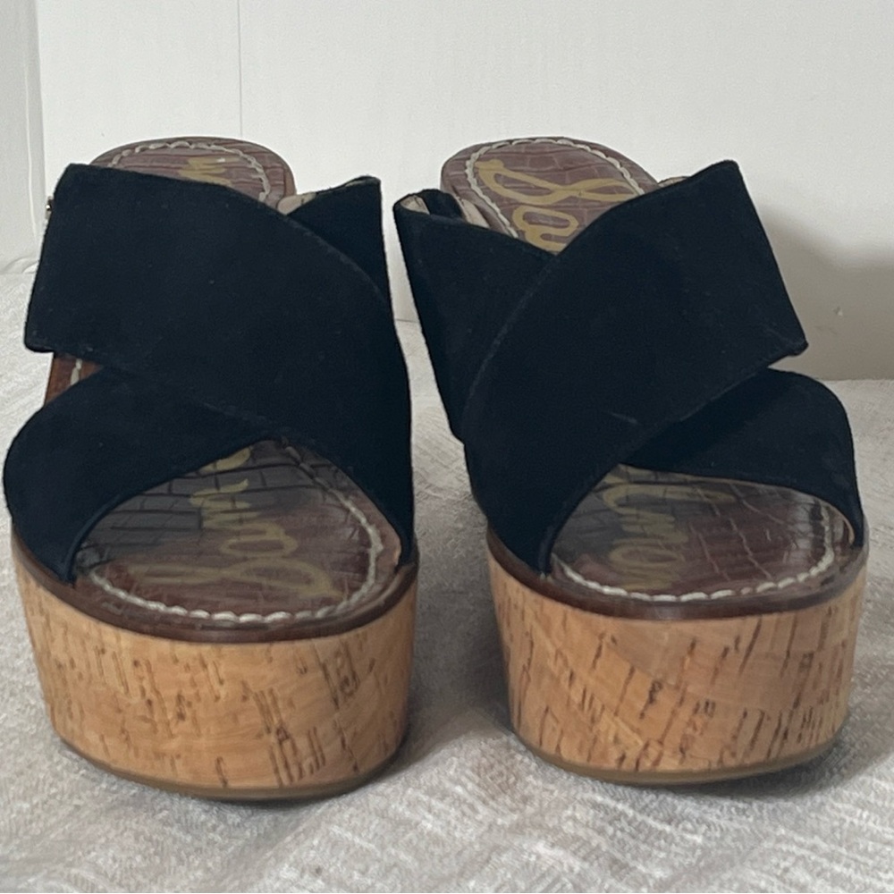 Sam Edelman Darlene Slip On Sandles Cork Look Platform Black Suede Upper Sz 9 - Picture 2 of 16